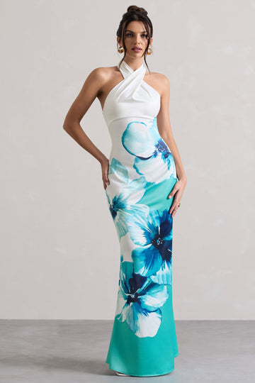Tropicana Blue Floral Satin Cross Over Halterneck Maxi Dress